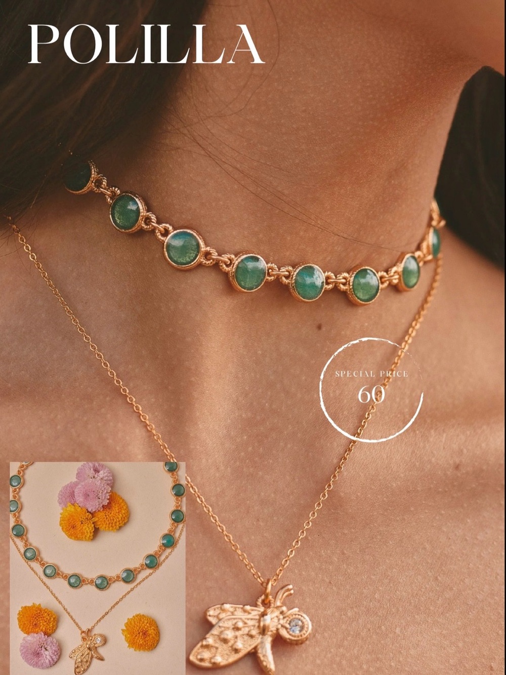 Gold Choker with Green Round Stones